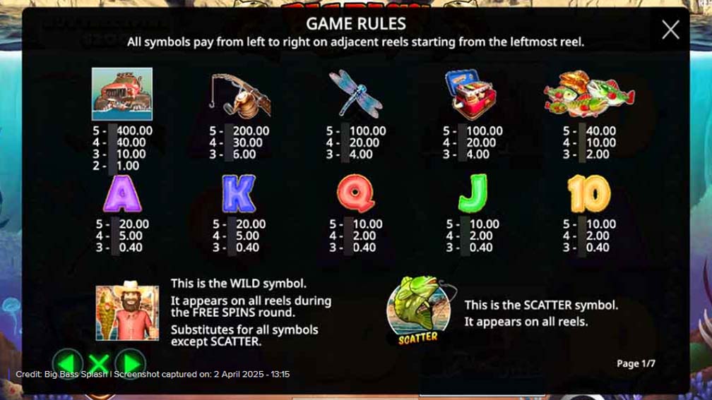 Big Bass Splash slot screenshot paytable