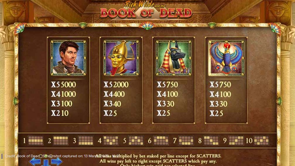 Book Of Dead slot screenshot paytable 2