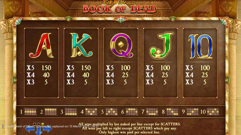 Book Of Dead slot screenshot paytable