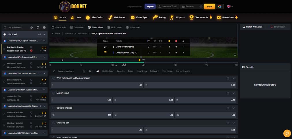 Donbet casino live in-play betting screenshot