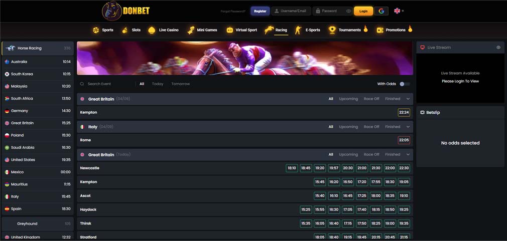 Donbet casino racing betting screenshot