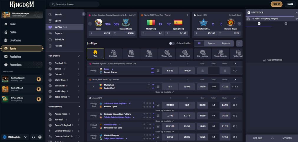 Kingdom casino live in-play betting screenshot