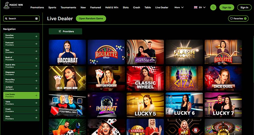 Magic Win live dealer games page screenshot