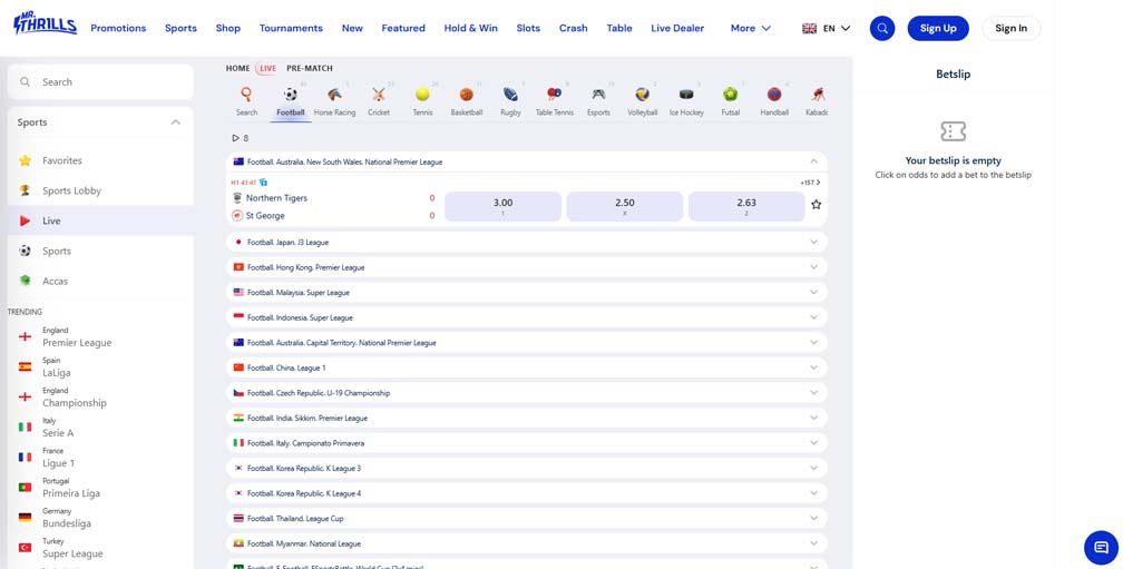 Mr Thrills casino live in-play betting screenshot