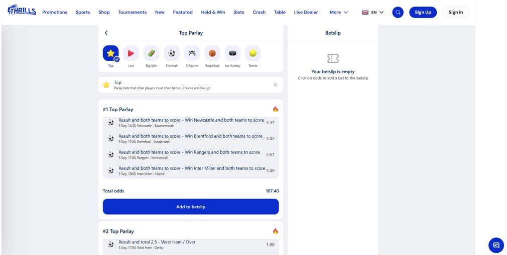 Mr Thrills casino sportsbook features screenshot