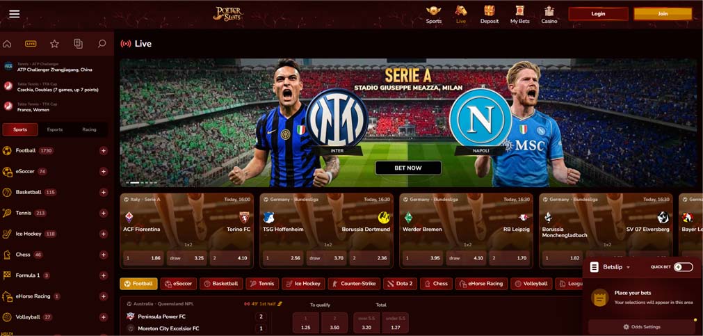 Potter Slots casino live in-play betting screenshot