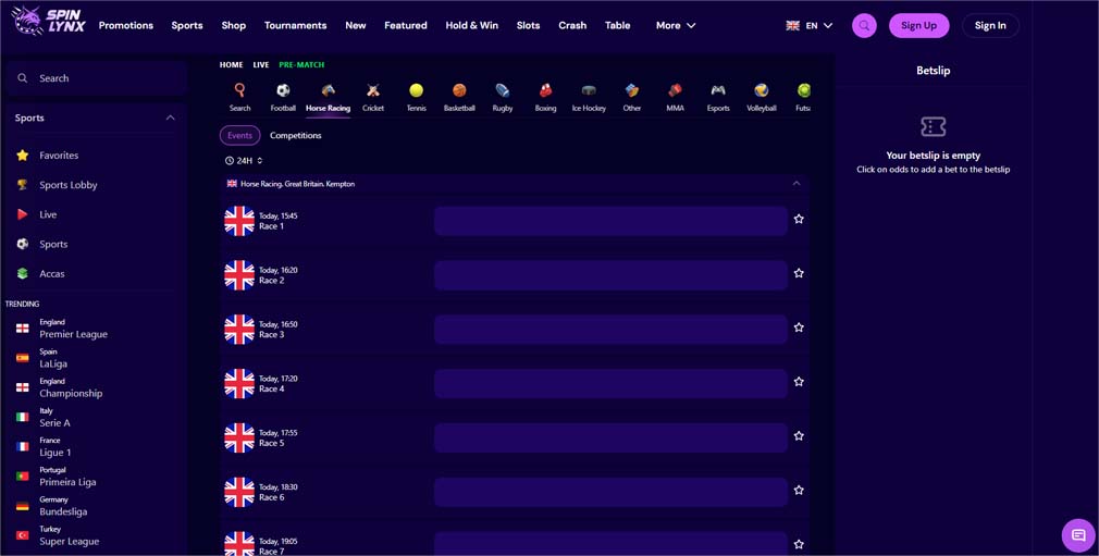 Spinlynx casino horse racing betting screenshot