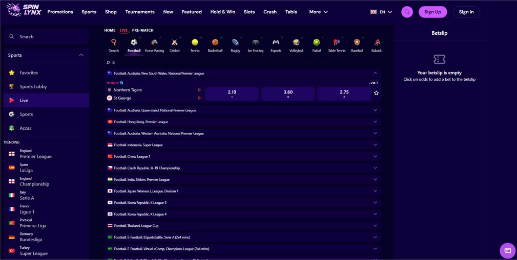Spinlynx casino live in-play betting screenshot