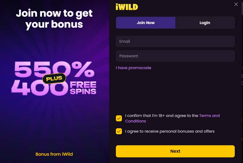 iWild casino signup screenshot