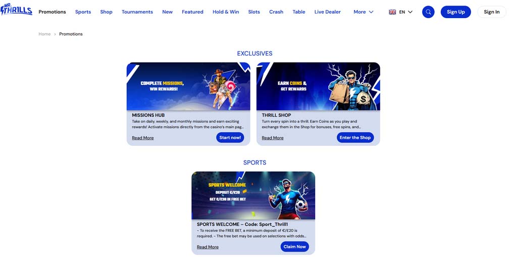 Mr thrills casino bonuses screenshot