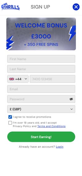 Mr Thrills casino signup screenshot