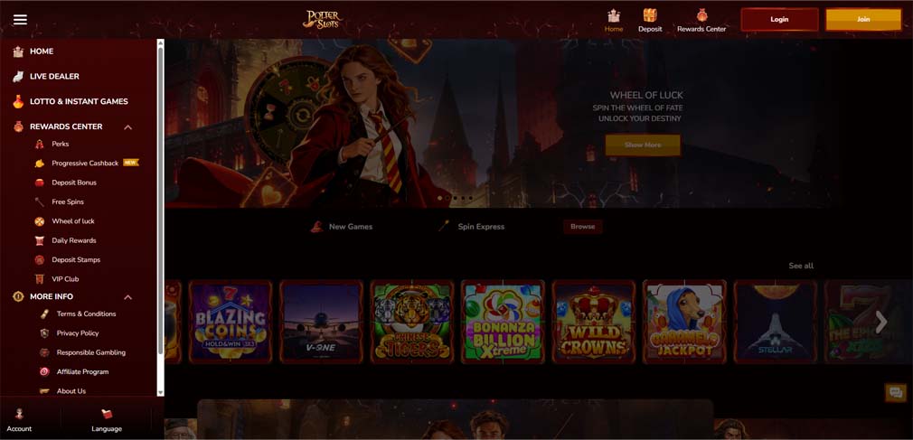 Potter Slots casino main page screenshot