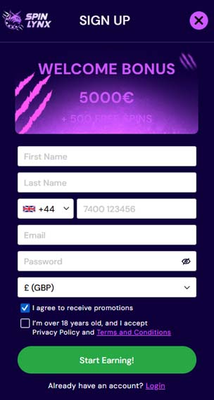 Spinlynx casino signup screenshot