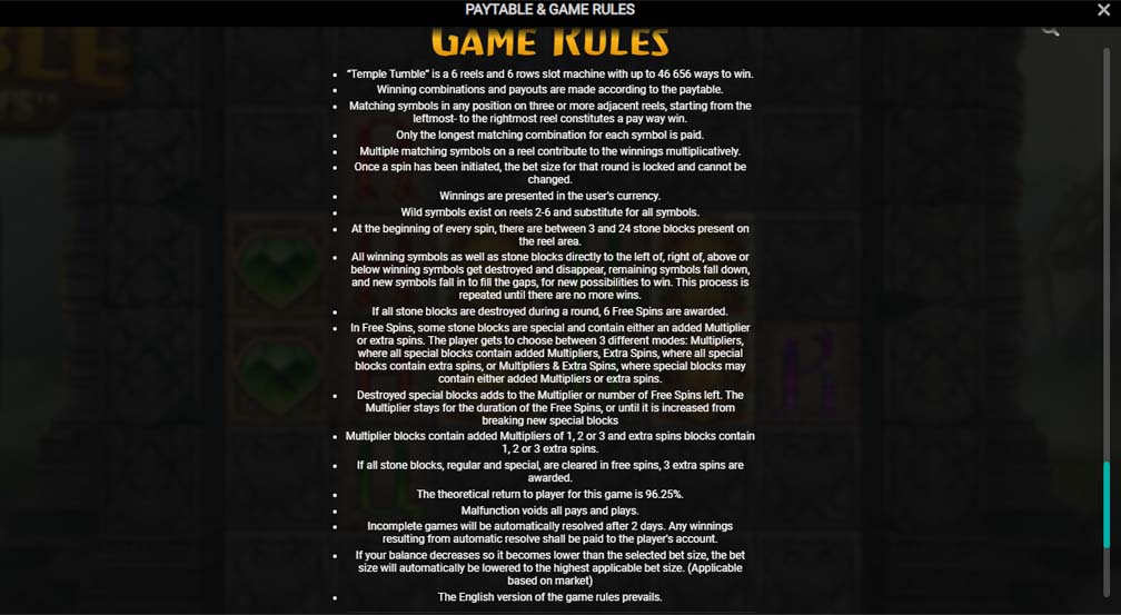 Temple Tumble slot screenshot game rules